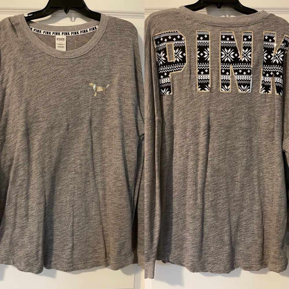 VS PINK Gray Nordic Sequin Spirit Jersey Shirt